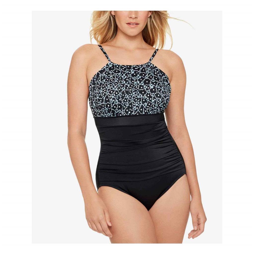 Swim Solutions Women's Black Printed Stretch Halter One Piece Swimsuit 10